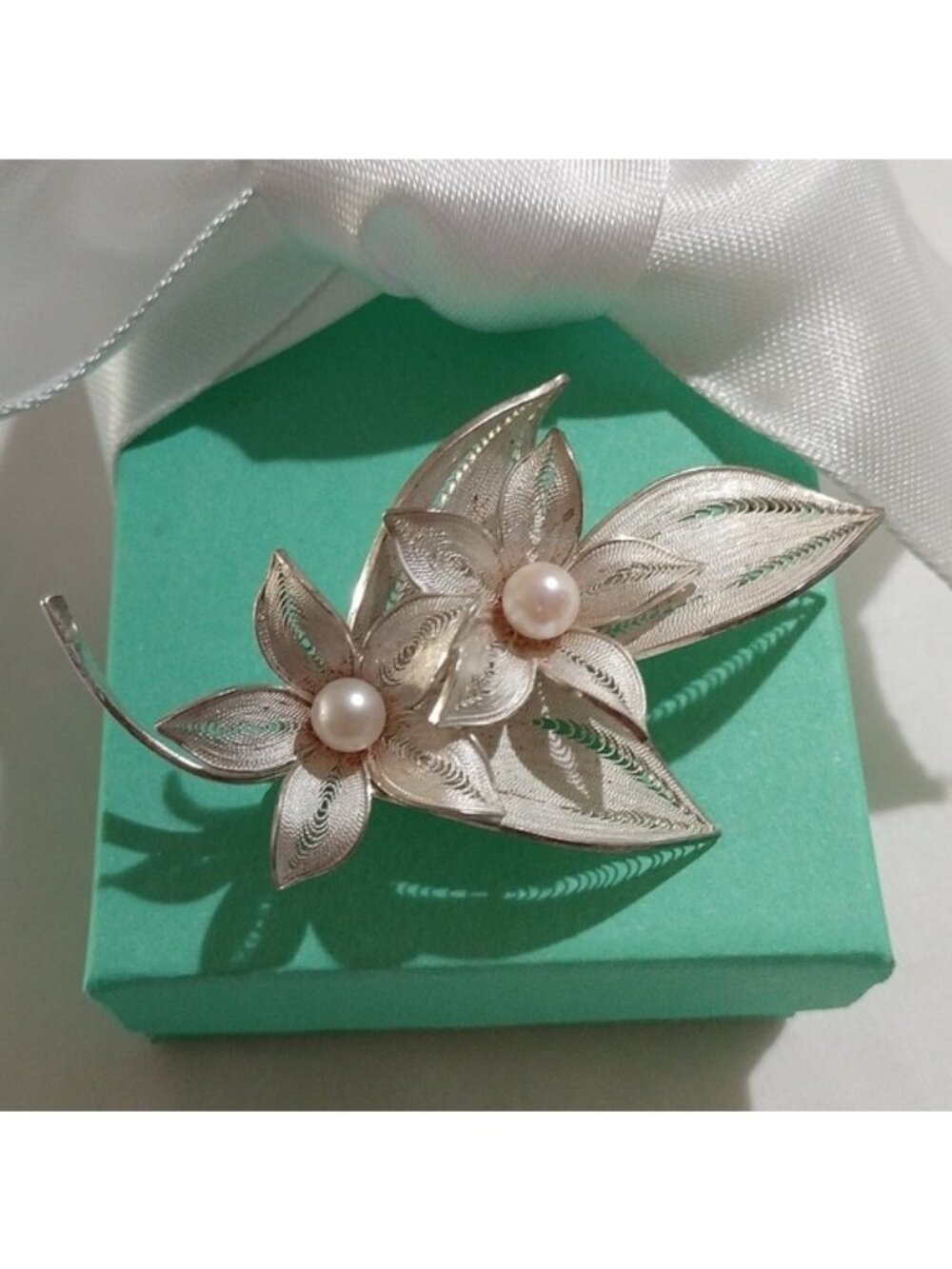 Vintage Sterling Silver + Cultured Pearls Floral Brooch